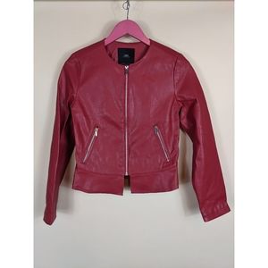 Zara Outerwear Red Faux Leather Zip-Up Moto Jacket Peplum Vegan Size Small